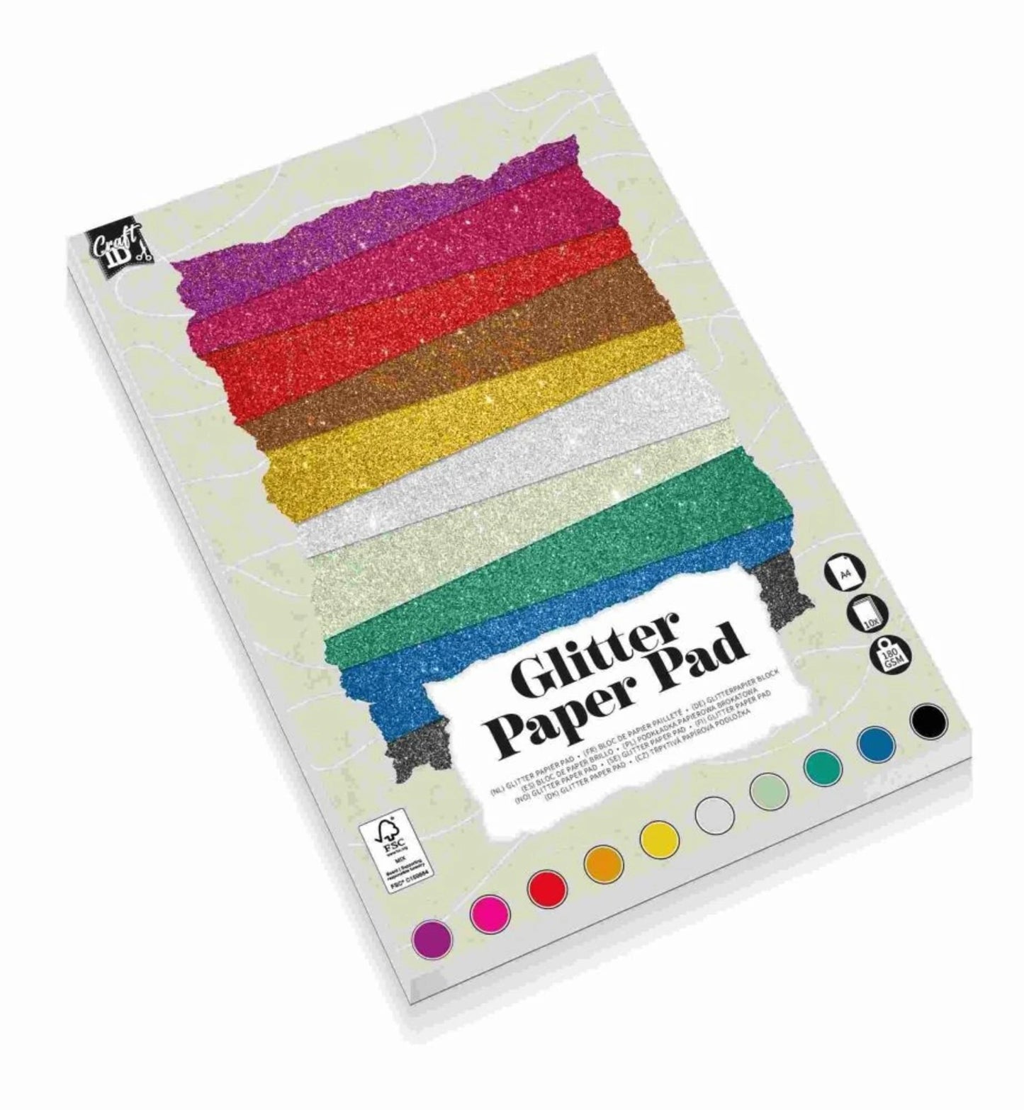 CRAFT ID A4 GLITTER PAD, 180 GSM, 10 SHEETS, 10 COLOURS