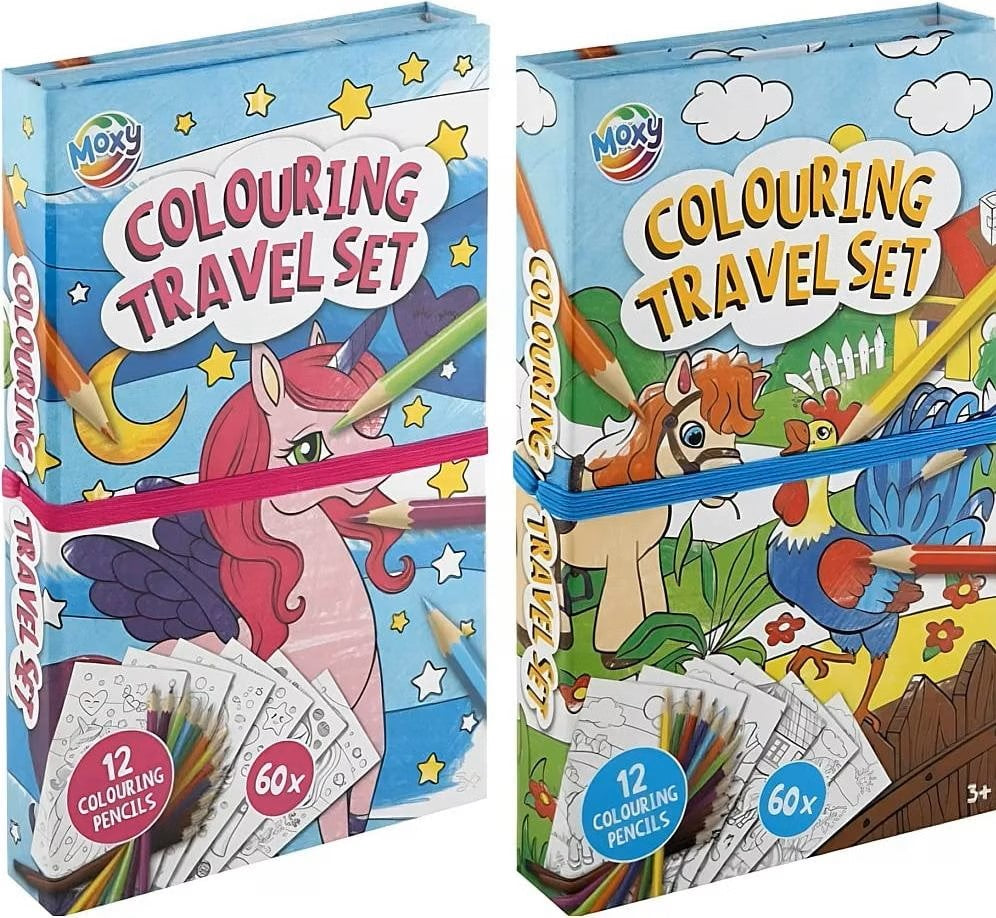 MOXY COLOURING TRAVEL SET, 2 BOOKS WITH 30 SHEETS/60 DESIGNS