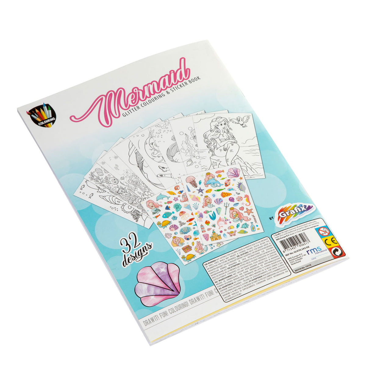 MOXY GLITTER COLOURING STICKER BOOK A4, 24 DESIGNS, MERMAID