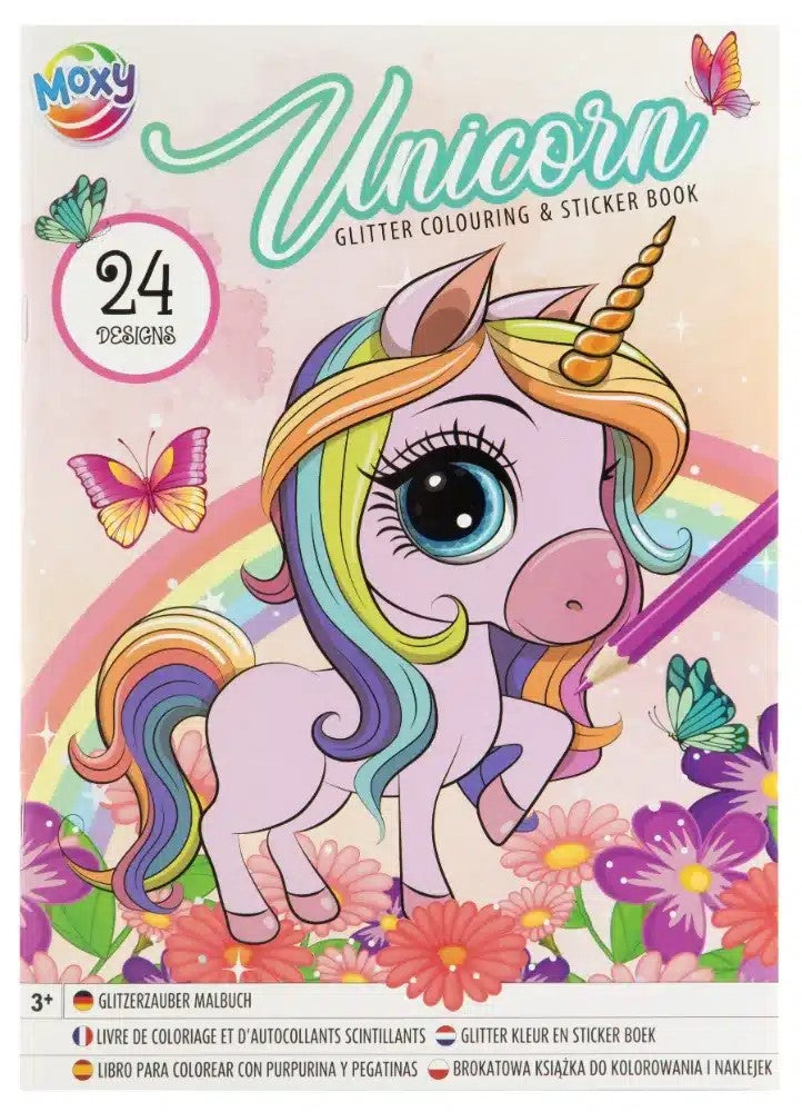 MOXY GLITTER COLOURING STICKER BOOK A4, 24 DESIGNS, UNICORN