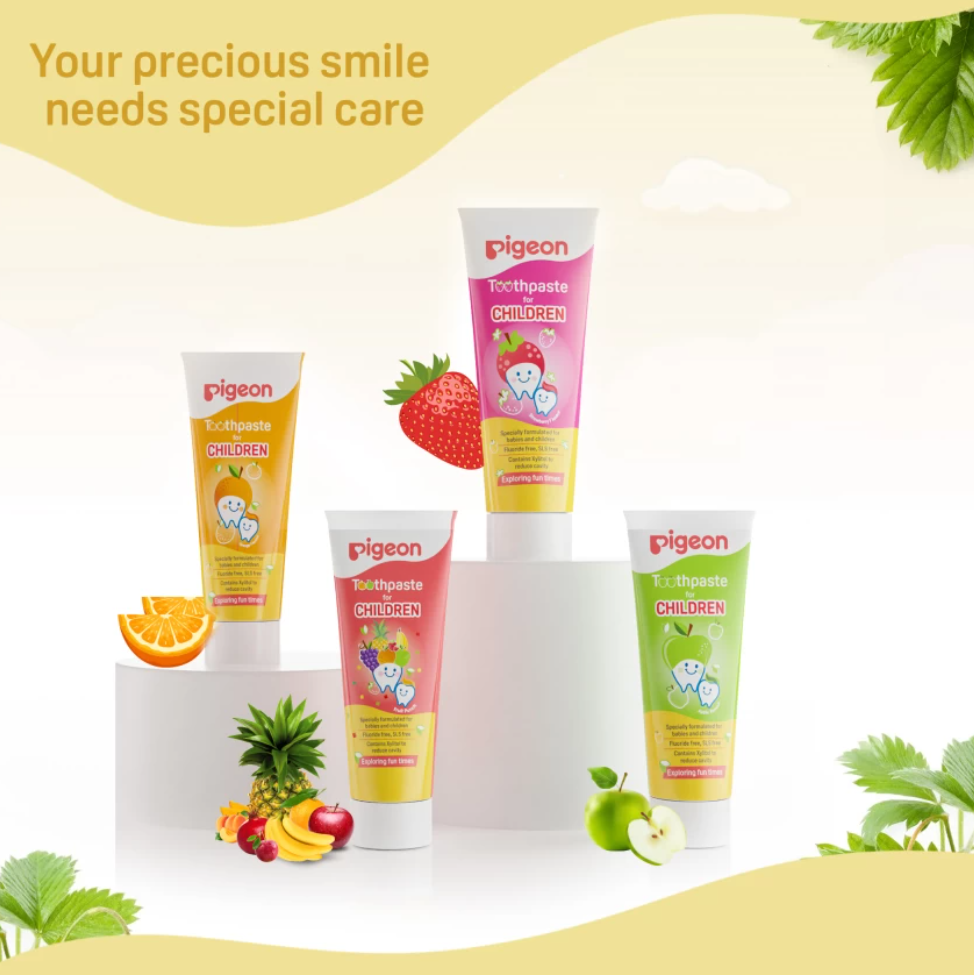 Pigeon Official - Toothpaste Orange 0+ Months 2pcs - 100% Food Grade Ingredients, SLS/Fluoride Free, Safe if swallowed, Gentle on new milk teeth, made with Xylitol agent, Co-developed with Pediatric Dentist, Japan No. 1 Brand