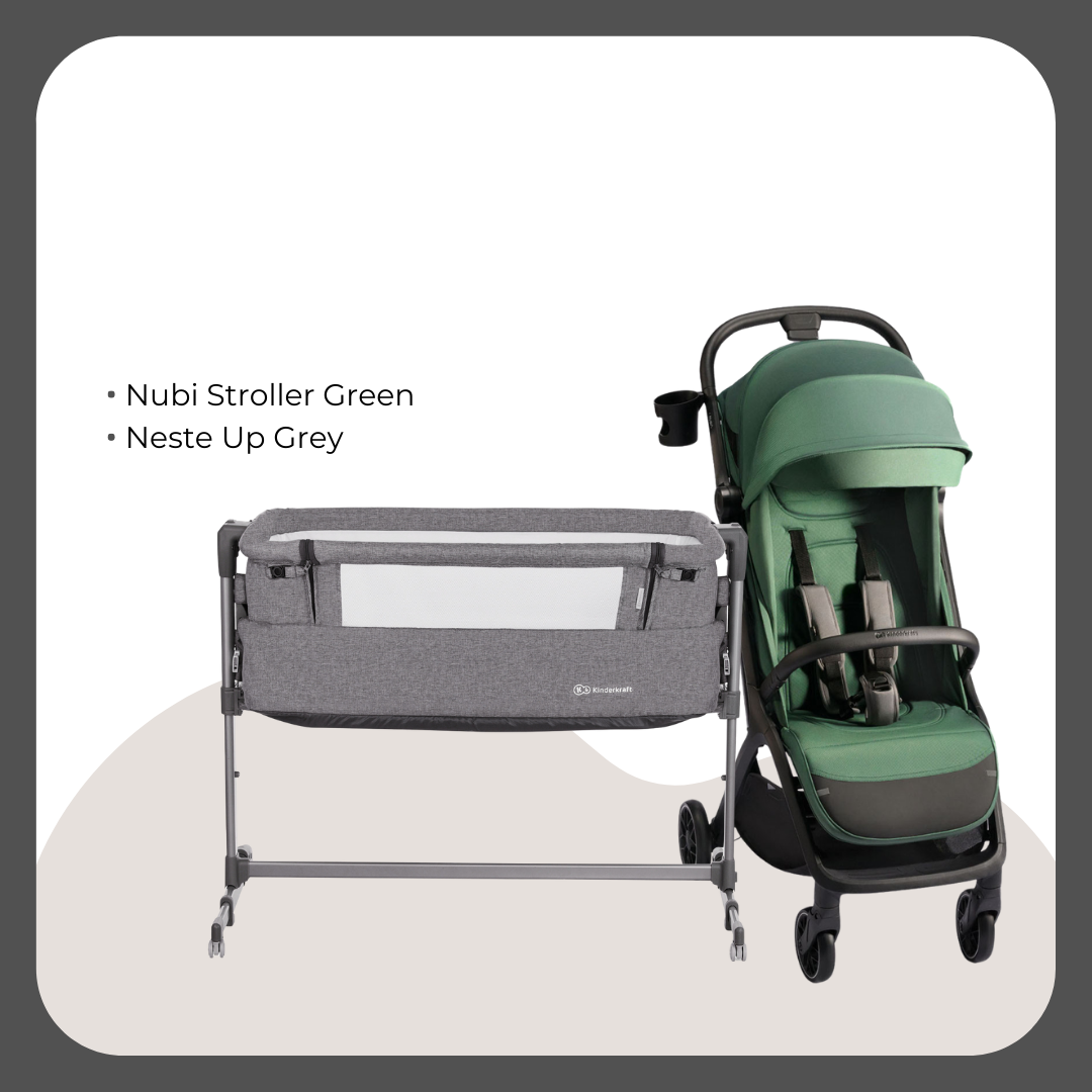 Kinder Kraft Nubi2 Stroller (Green) + Neste Up Playard -Co Sleeper (Grey)
