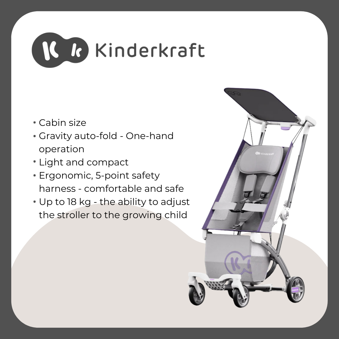 Kinderkraft KP2 Stroller, Light and Ultra- Compact, Cabin Size, Gravity Auto Fold, 5-Point Safety Harness, Smooth Ride Wheels (Purple)