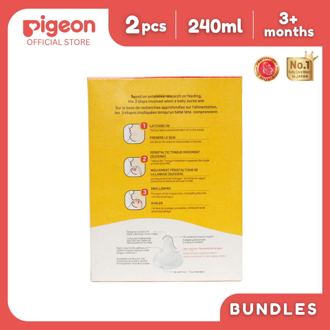 Pigeon Official - New and Improved Wide Neck PP Feeding Bottle 240ml Twin Pack, Medium Flow, for 3+ Months Babies Anti Colic, No Nipple Confusion, AVS System, Latch On Line, BPA Free, Ultra Soft Flexible Nipples, Japan No. 1 Brand