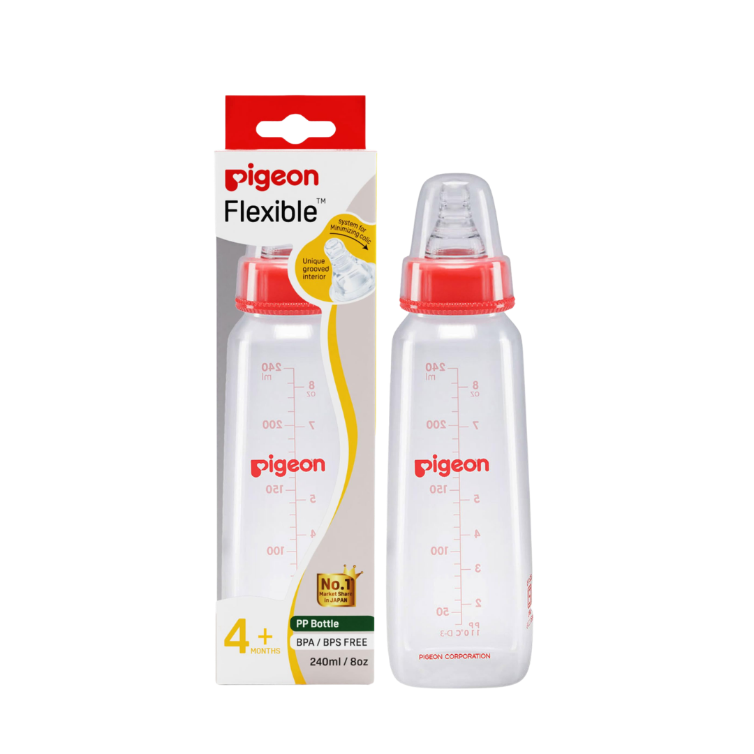 Pigeon Official - PP Slim Neck Standard Feeding Red Bottle Fast Flow, 240ml (L) 9+ Months Twin Pack Anti Colic, No Nipple Confusion, BPA Free, Soft Flexible Nipples, Japan No. 1 Brand