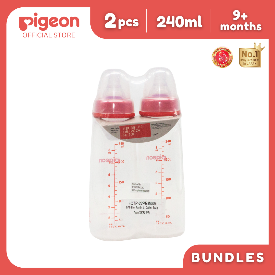 Pigeon Official - PP Slim Neck Standard Feeding Red Bottle Fast Flow, 240ml (L) 9+ Months Twin Pack Anti Colic, No Nipple Confusion, BPA Free, Soft Flexible Nipples, Japan No. 1 Brand