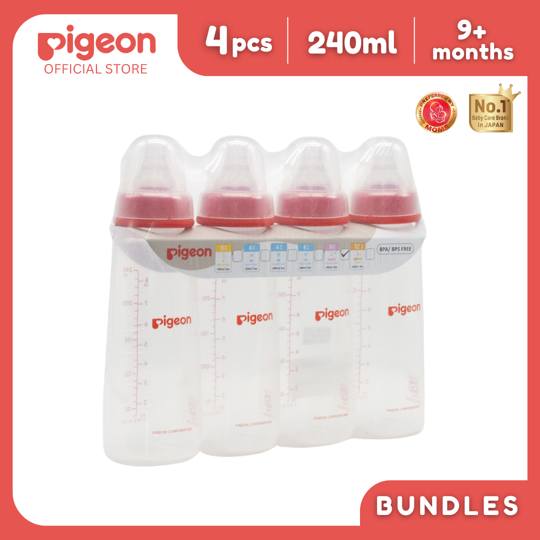 Pigeon Official - PP Slim Neck Standard Feeding Red Bottle Fast Flow, 240ml 9+ Months Pack of 4, Anti Colic, No Nipple Confusion, BPA Free, Soft Flexible Nipples, Japan No. 1 Brand