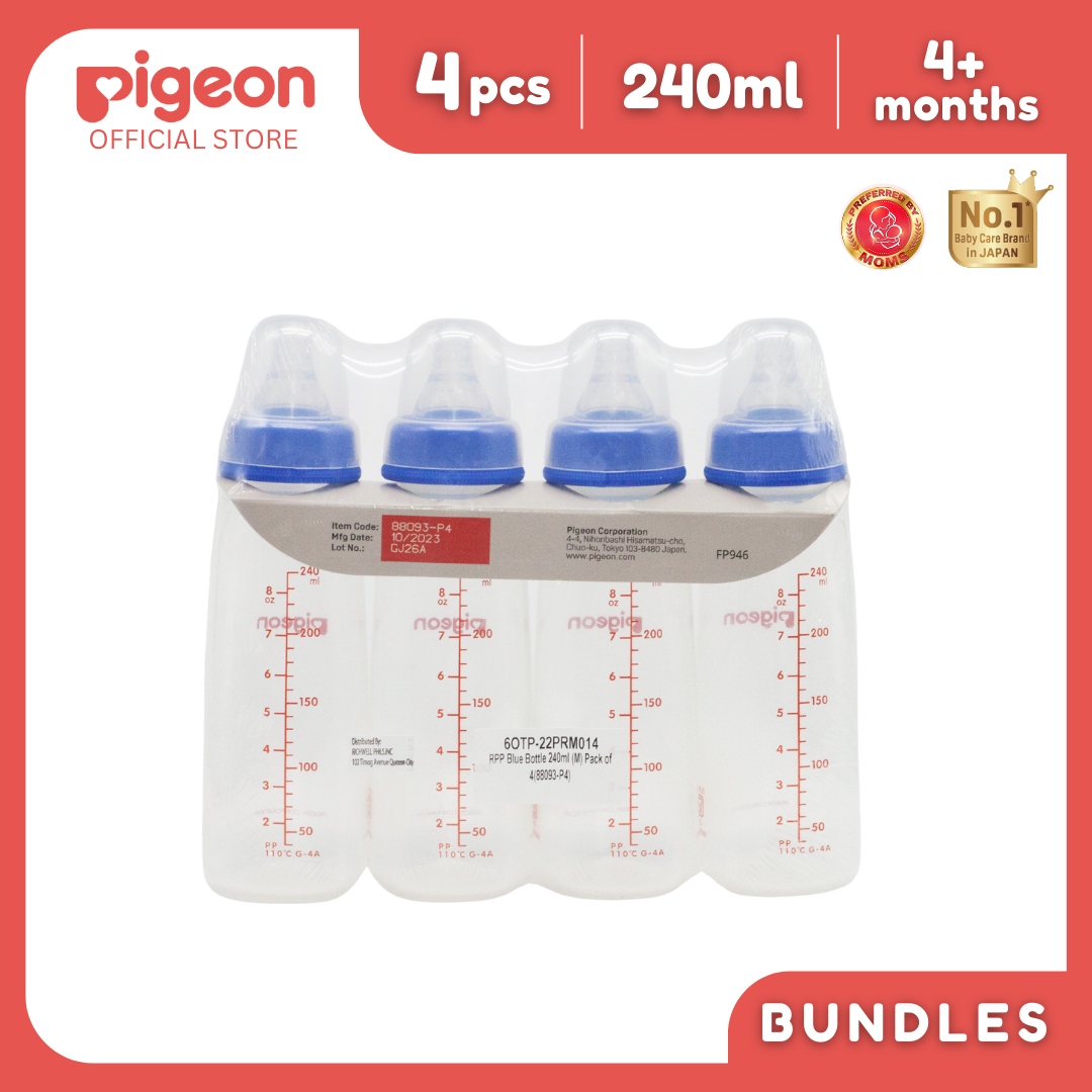 Pigeon Official - PP Slim Neck Standard Feeding Blue Bottle Medium Flow, 240ml 4+ Months Pack of 4 Anti Colic, No Nipple Confusion, BPA Free, Soft Flexible Nipples, Japan No. 1 Brand