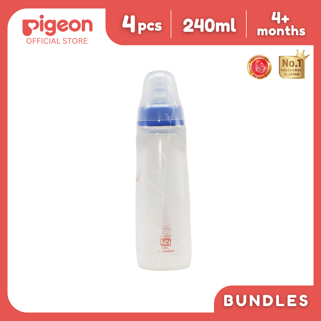 Pigeon Official - RPP Slimneck/Standard Feeding Blue Bottle Medium Flow, 240ml (Pack of 4) PP Material
