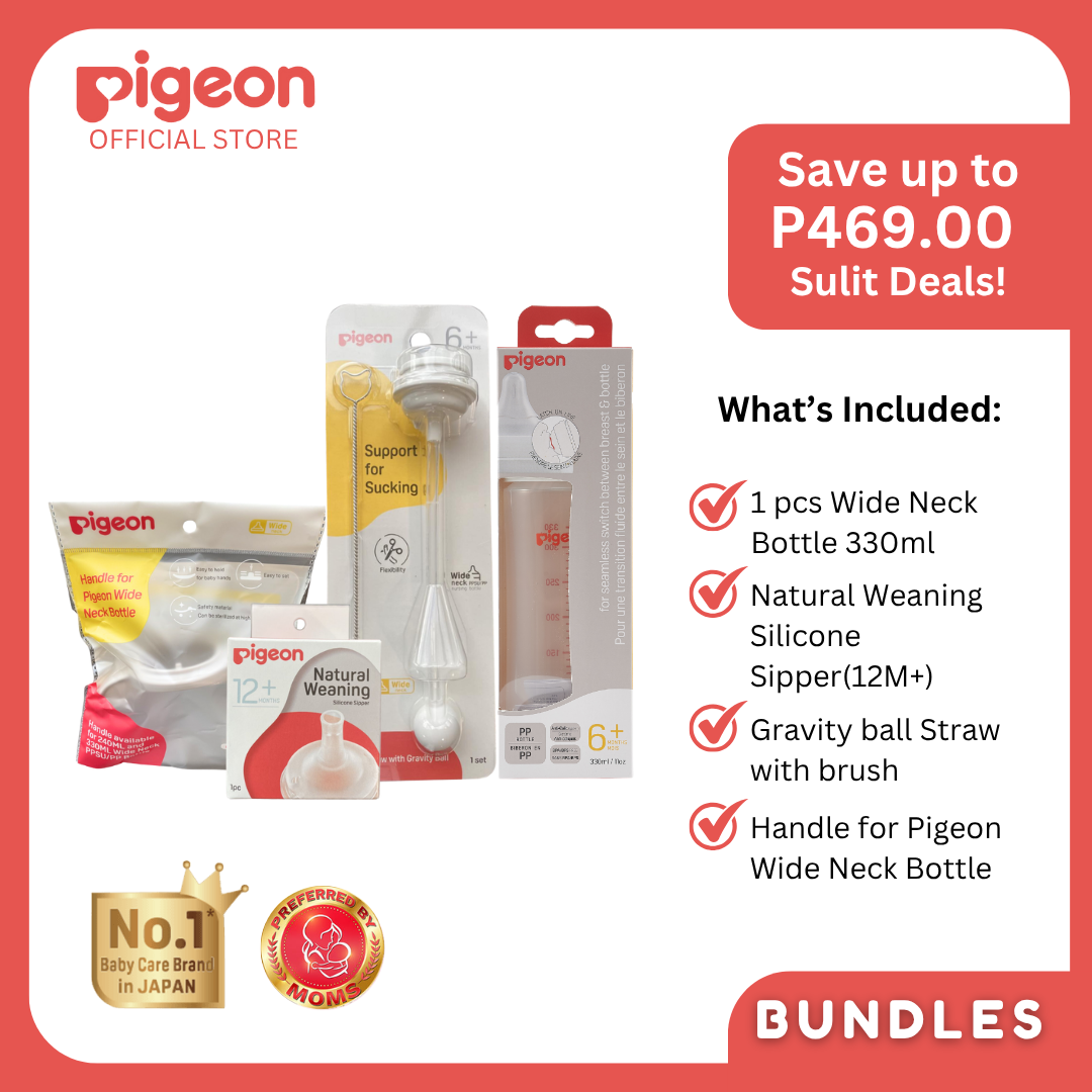 Pigeon Official Toddler Bottle Bundle - Wide Neck Bottle 330ml, Handle, Sipper, Gravity Straw for Weaning, Perfect for Toddlers, Spill Proof, Safe and Hygienic, BPA Free
