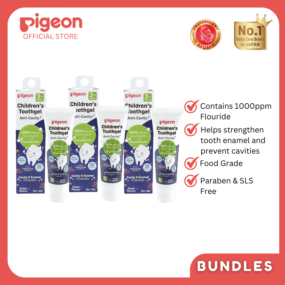 Pigeon Official - Toothgel Grape 3+ Years Pack of 3 - 1000ppm Fluoride (Dentist Recommended), Food Grade, with Glucomannan, Low foam for easy rinsing, Strengthens tooth enamel, Co-developed with Pediatric Dentist, Japan No. 1 Brand