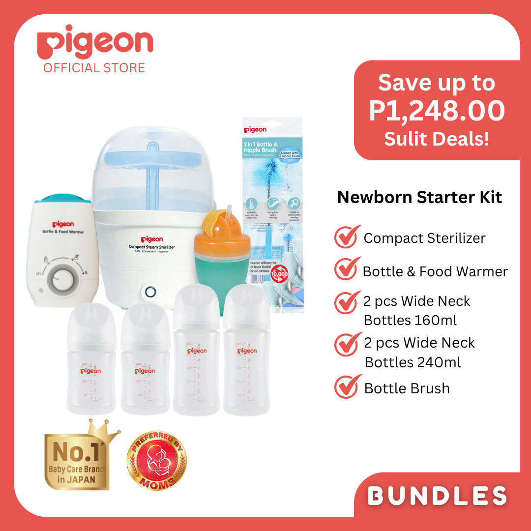Pigeon Newborn Feeding Essentials Bundle - Sterilizer, Bottle Warmer, Wide Neck Bottle 240ml Wide Neck Bottle 160ml, Bottle Brush No Nipple Confusion, Anti Colic, Japan No 1 Brand Complete Baby Kit