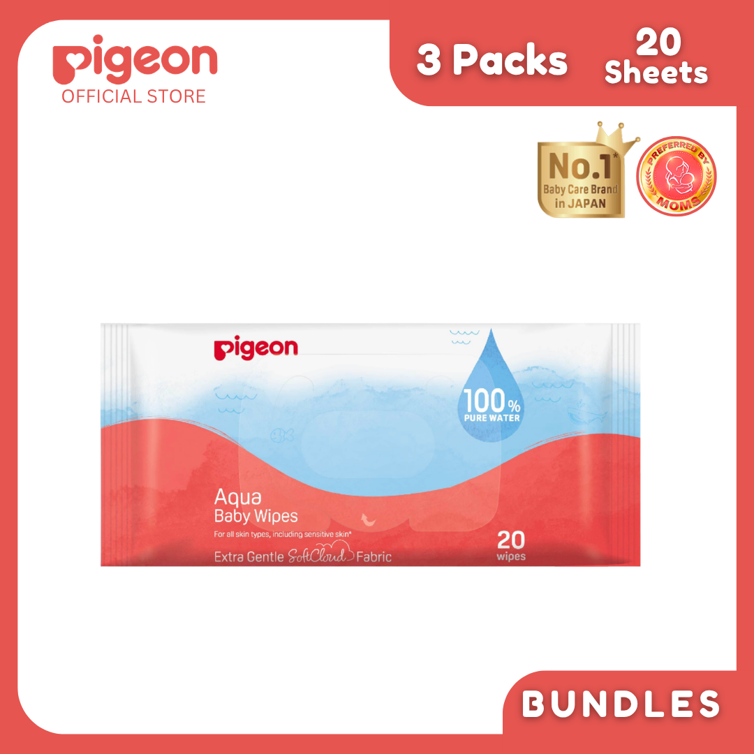 Pigeon Official - 100% Pure Water Baby Wipes 20 Sheets pack of 3 Flip Top delicate and gentle on skin, SoftCloud Fabric, No Fragrance, No Paraben, Japan Number 1 Brand