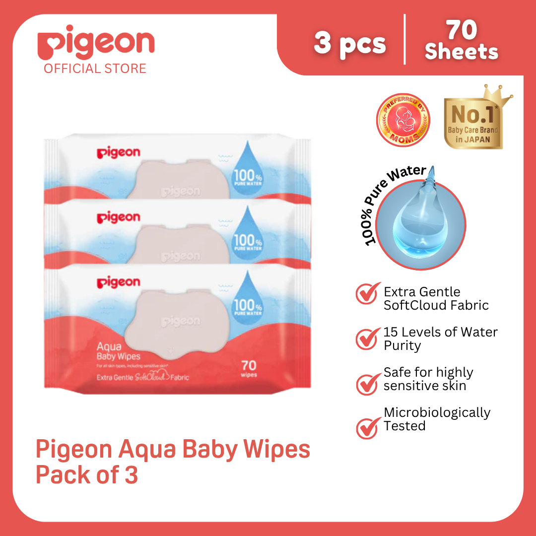 Pigeon Official - 100% Pure Water Baby Wipes 70 Sheets Flip Top Pack of 3 Refreshed SoftCloud Fabric