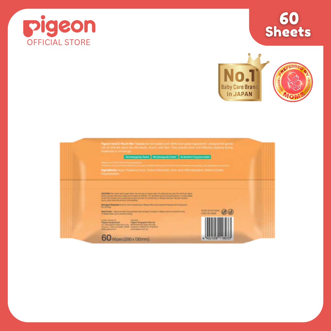 NEW Pigeon Official - Hand & Mouth Baby Wipes 60s - No Alcohol & Fragrance Gentle & Safe for Babies