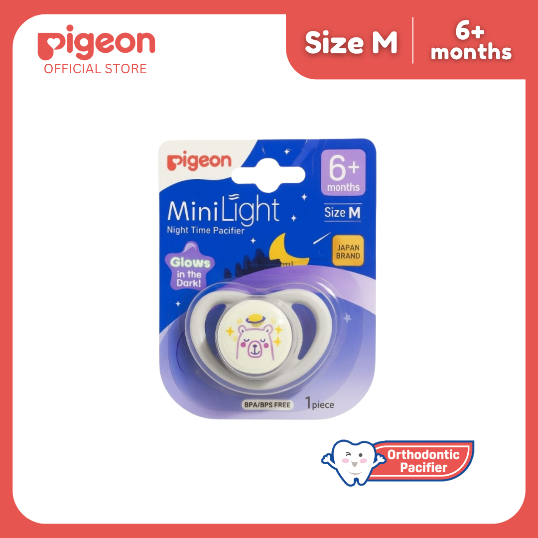 Pigeon Official - NEW MiniLight Night Time Pacifier Glow in the Dark Soother 6+ Months Bear Size M 1pc | Orthodontic Pacifier, No Nipple Confusion, BPA Free, Flexible Nipples, Japan No. 1 Brand