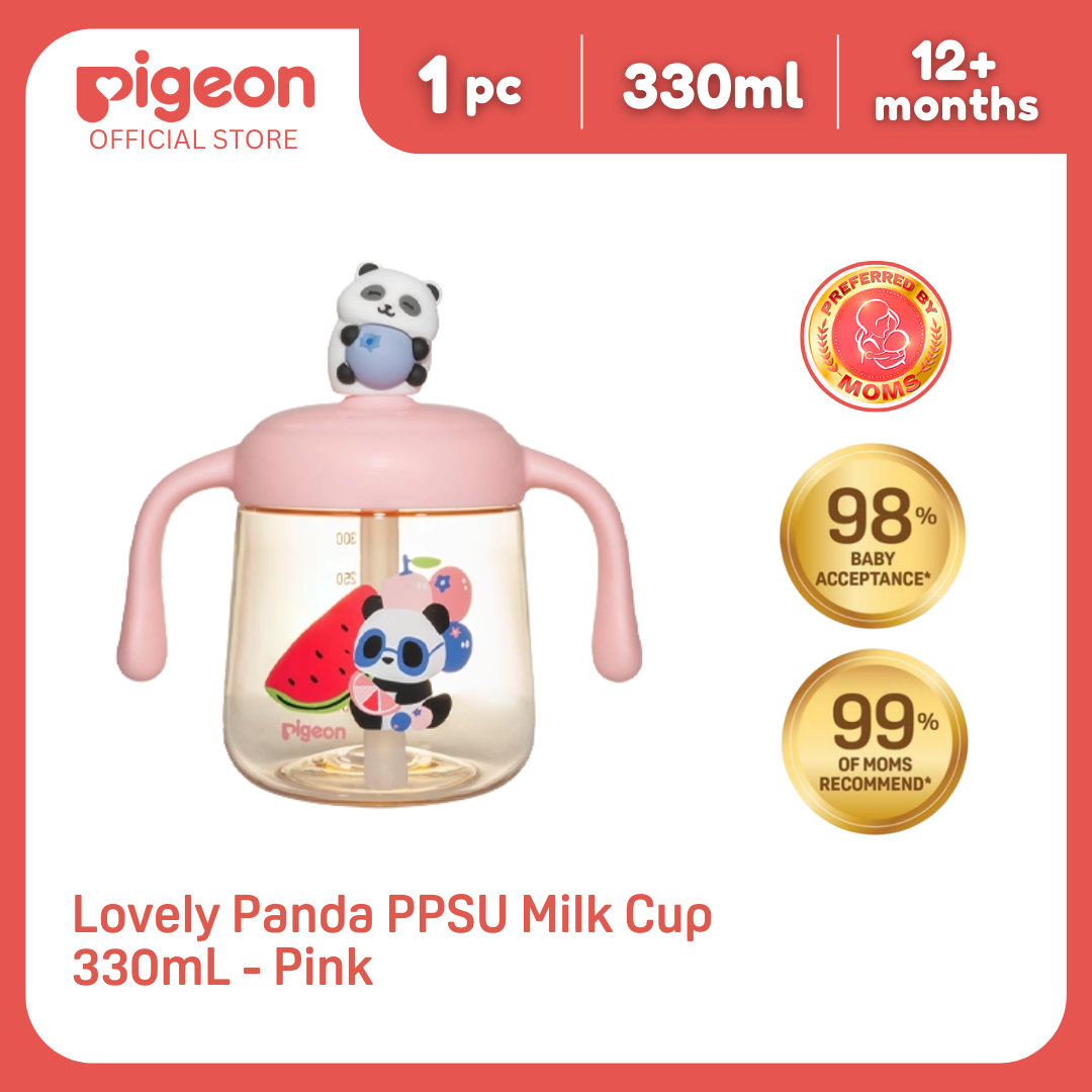 Pigeon Lovely Panda PPSU Milk Cup 330mL Pink Toddler Straw Cup, BPA BPS Free, 180°C, Soft Straw