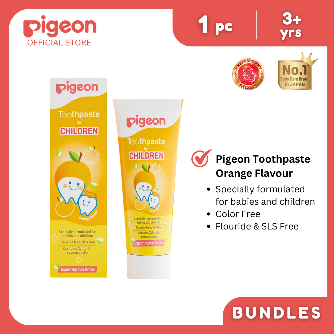 Pigeon Official - Toothpaste Orange 0+ Months 3pcs - 100% Food Grade Ingredients, SLS/Fluoride Free, Safe if swallowed, Gentle on new milk teeth, made with Xylitol agent, Co-developed with Pediatric Dentist, Japan No. 1 Brand