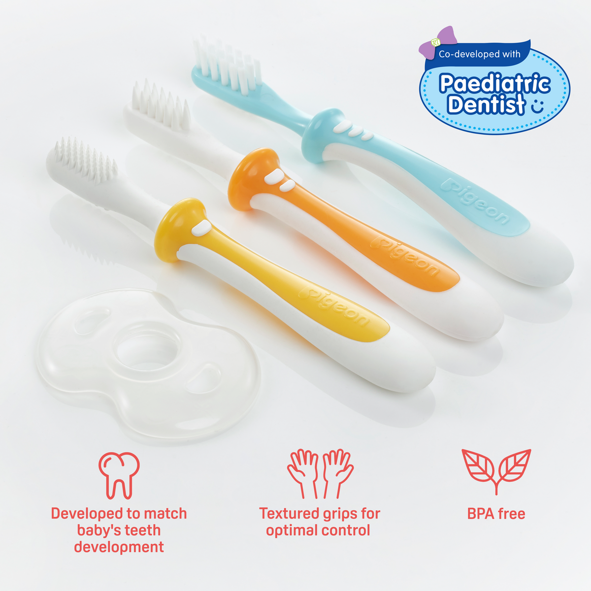 Pigeon Official - Training Toothbrush Set Lesson 1-3, 6-18+ Months, Soft Elastomer Brush Head, Ergonomic handle, BPA Free, Co-developed with Pediatric Dentist, Japan No. 1 Brand