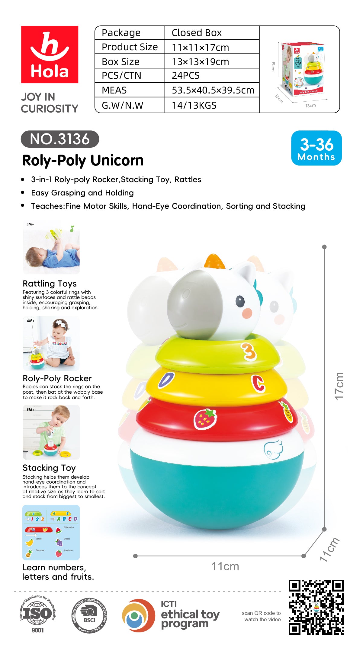 Hola Roly-Poly Unicorn (with roly-poly function, games, different colors, letters and fruits pictures)