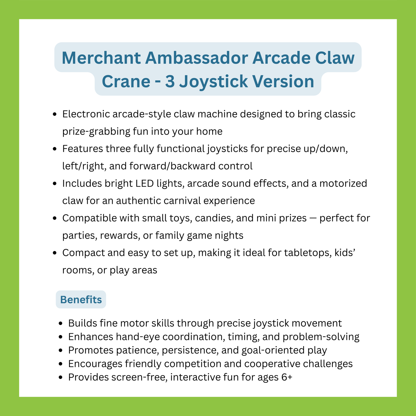Merchant Ambassador Arcade Claw Crane – 3 Joystick Version