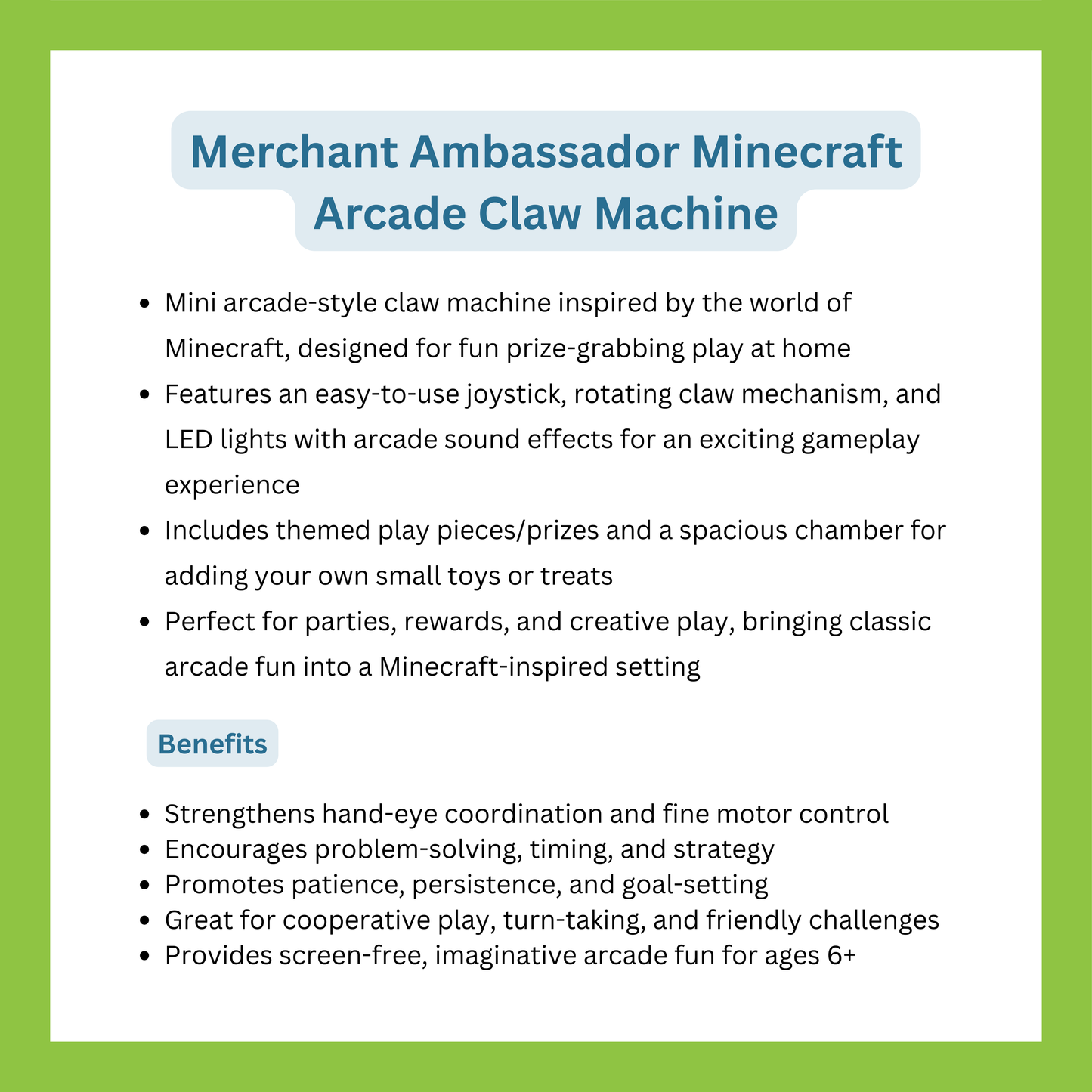 Merchant Ambassador Mine Craft Arcade Claw Machine