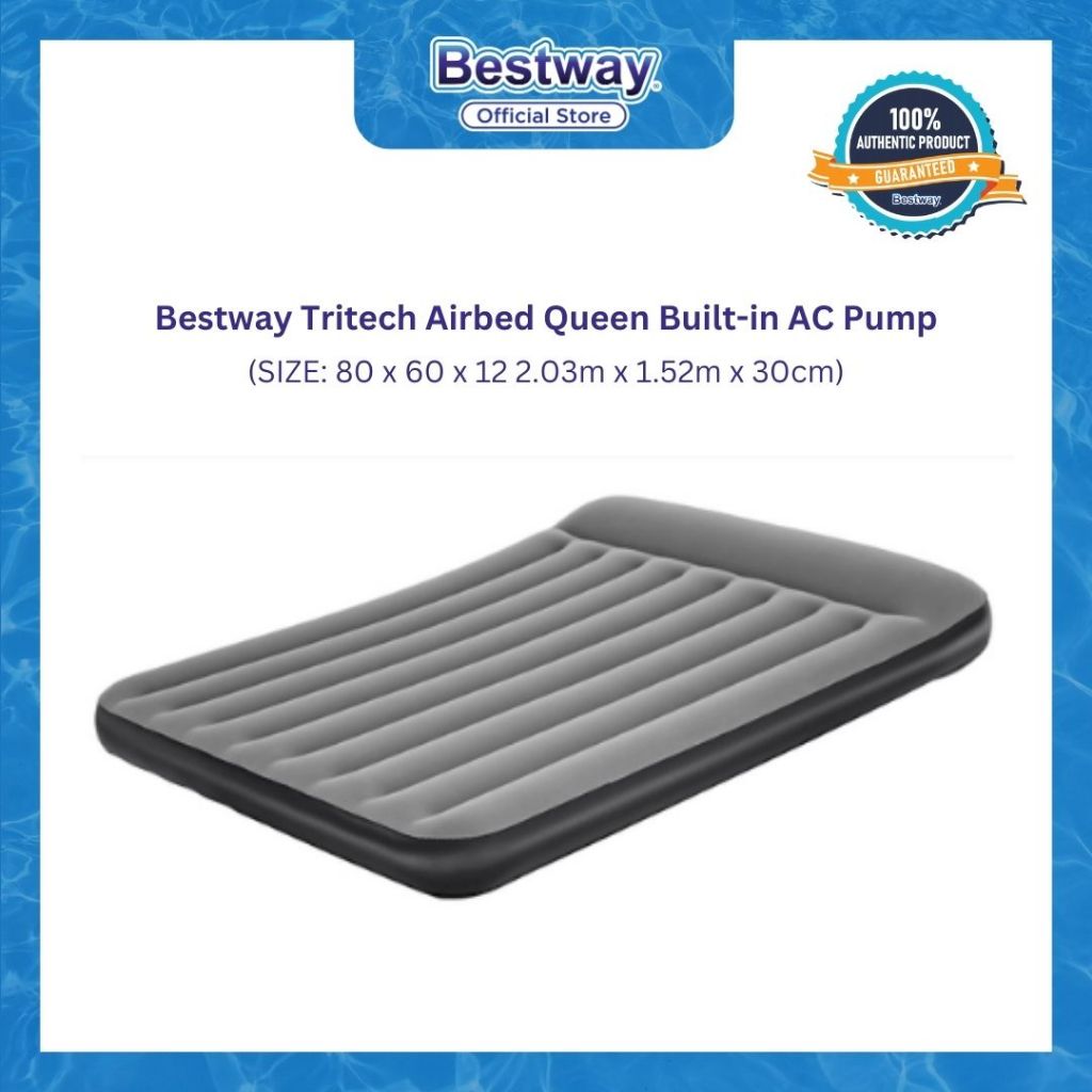 Bestway 80 x 60 x 12 2.03m x 1.52m x 30cm Tritech Airbed Queen Built-in AC pump