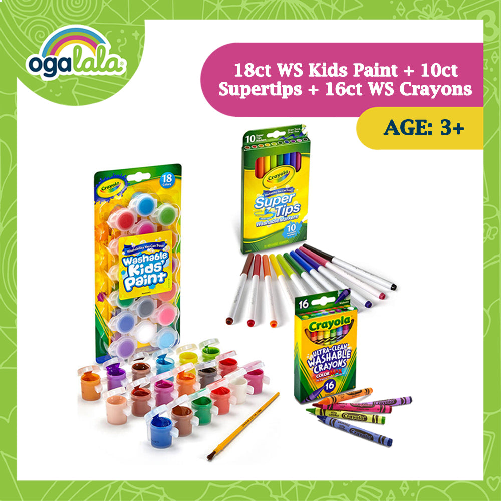 Crayola 18ct WS Kids Paint + 10ct Supertips + 16ct WS Crayons