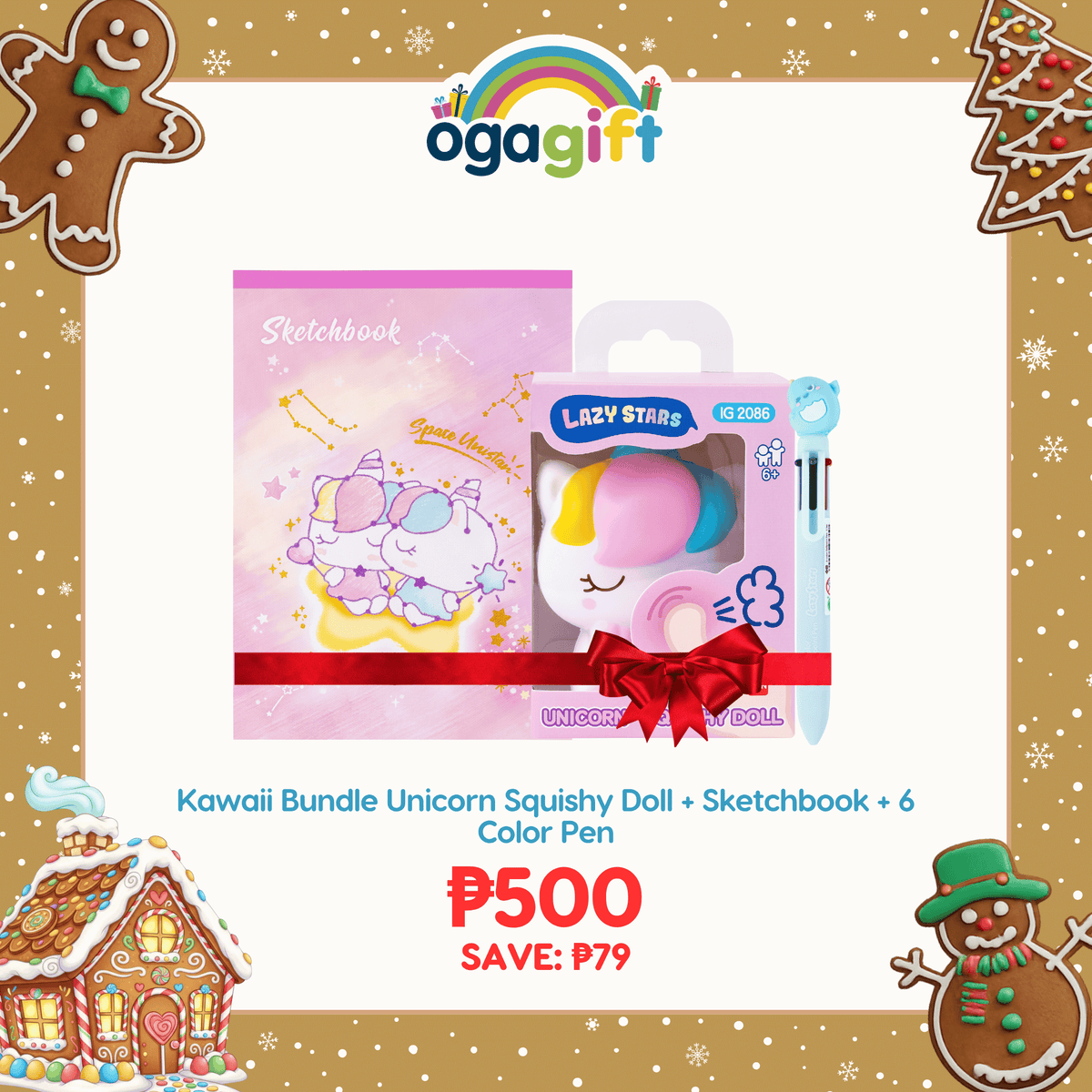 OGAGIFT BUNDLE KAWAII BUNDLE UNICORN SQUISHY DOLL IG2086 + SKETCHBOOK IG1933 + 6COLOR PEN IG5053
