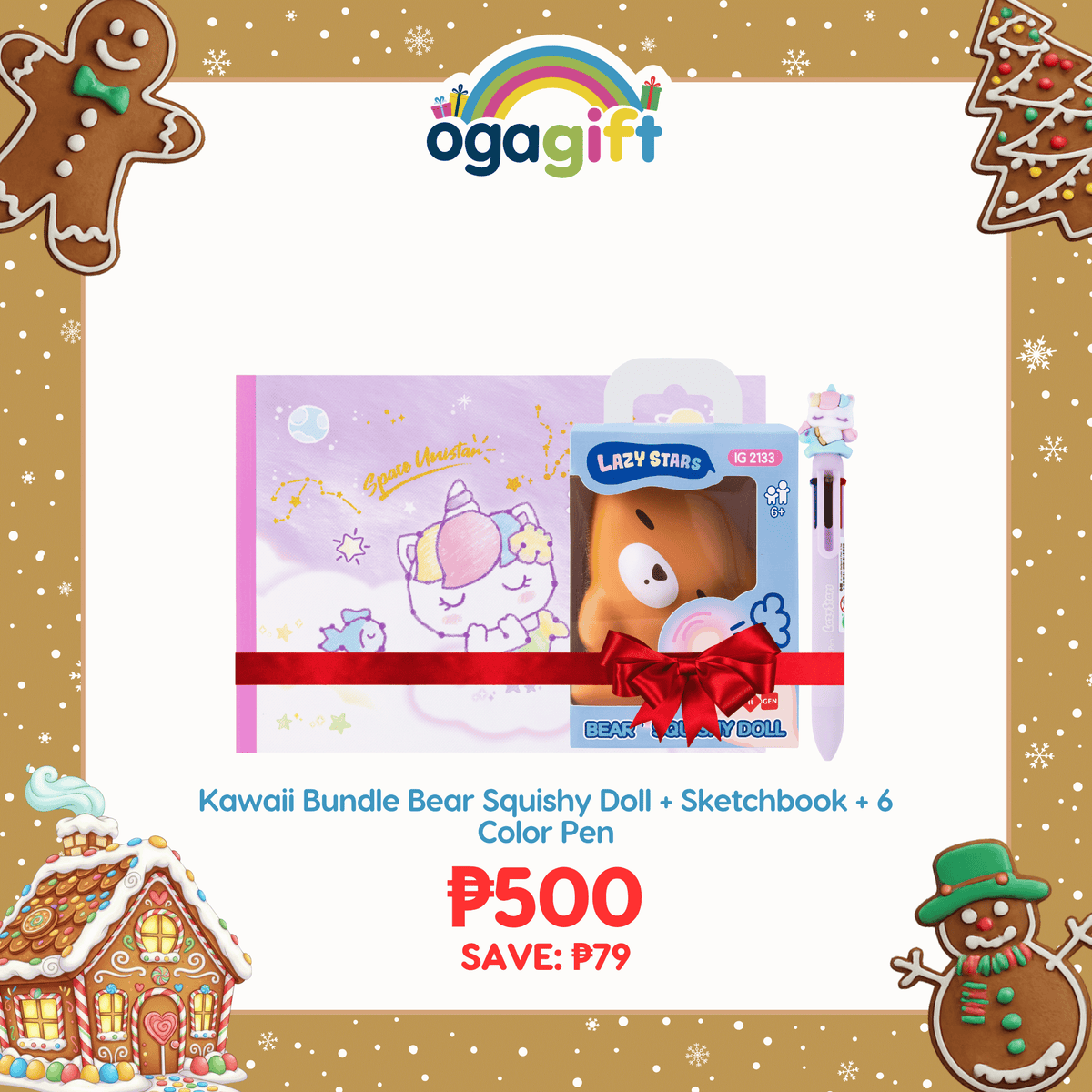 OGAGIFT BUNDLE KAWAII BUNDLE BEAR SQUISHY DOLL IG2137 + SKETCHBOOK IG1933 + 6COLOR PEN IG5053