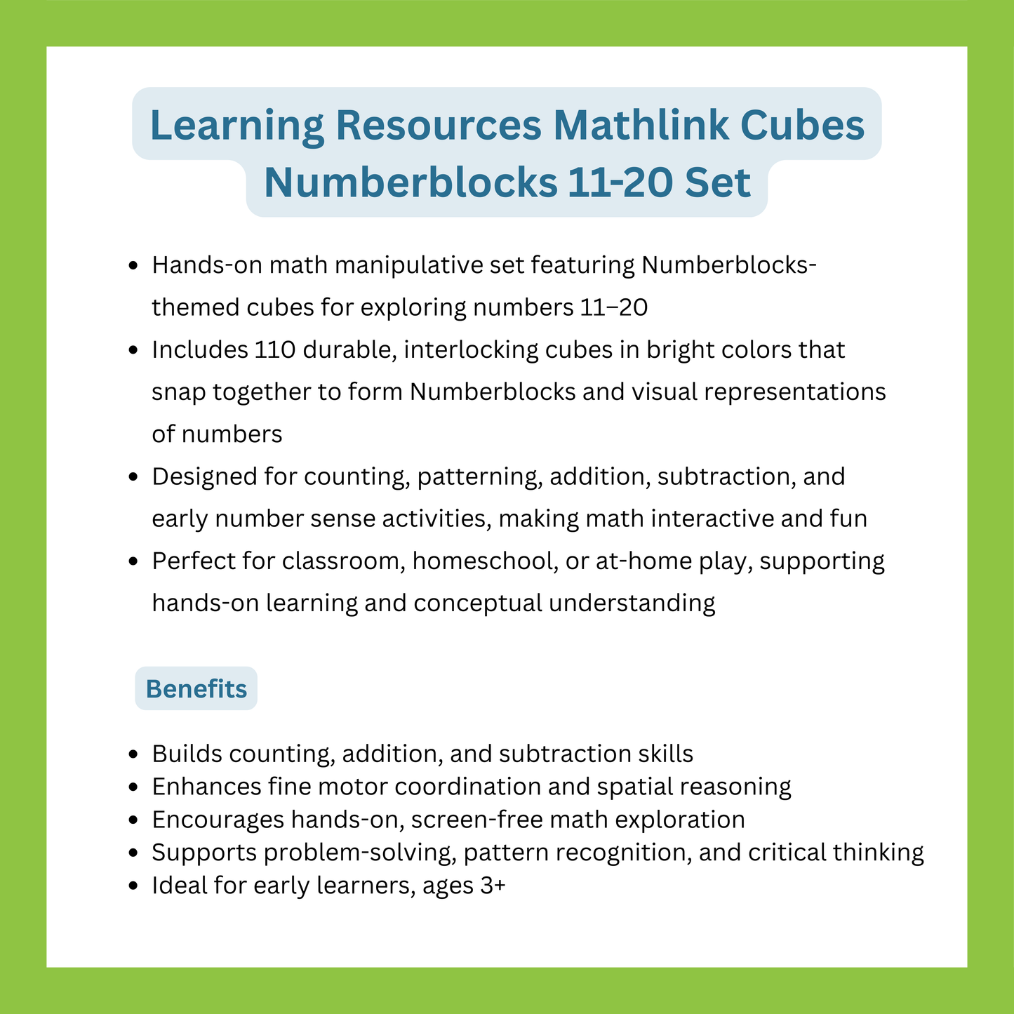 Learning Resources Mathlink® Cubes Numberblocks 11-20 Set