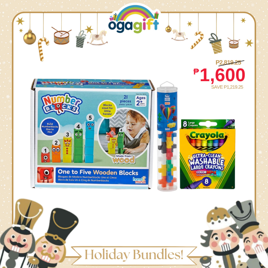 Ogagift Bundle Numberblocks® One to Five Wooden Blocks+8ct Large Washable Crayons+Plus-Plus BIG Basic /15pcs Tube