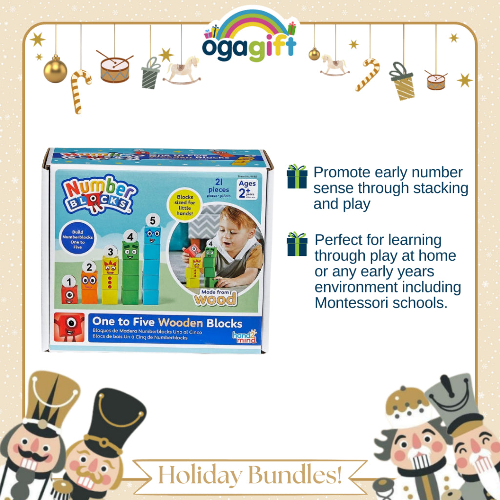 Ogagift Bundle Numberblocks® One to Five Wooden Blocks+8ct Large Washable Crayons+Plus-Plus BIG Basic /15pcs Tube