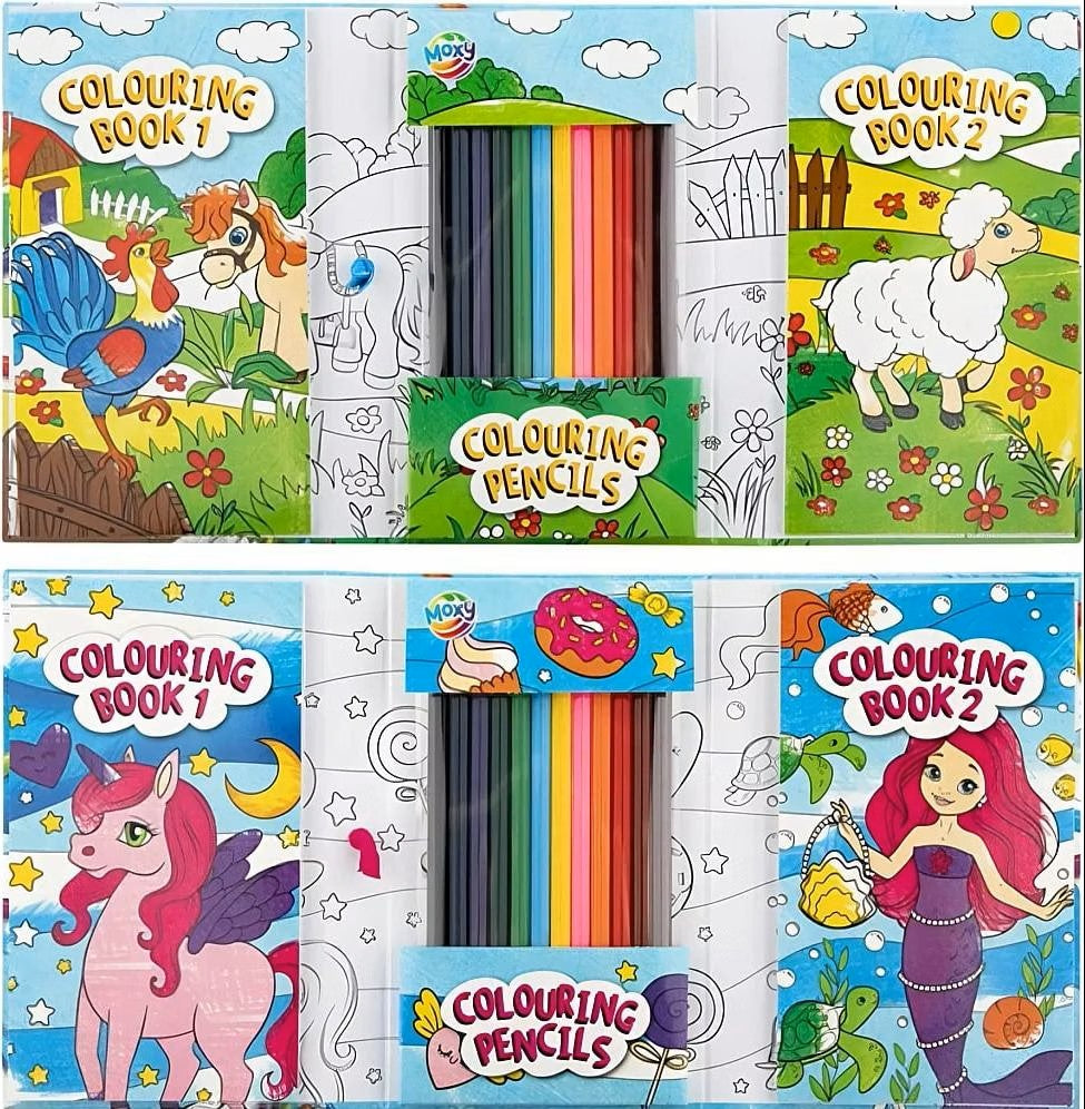 MOXY COLOURING TRAVEL SET, 2 BOOKS WITH 30 SHEETS/60 DESIGNS