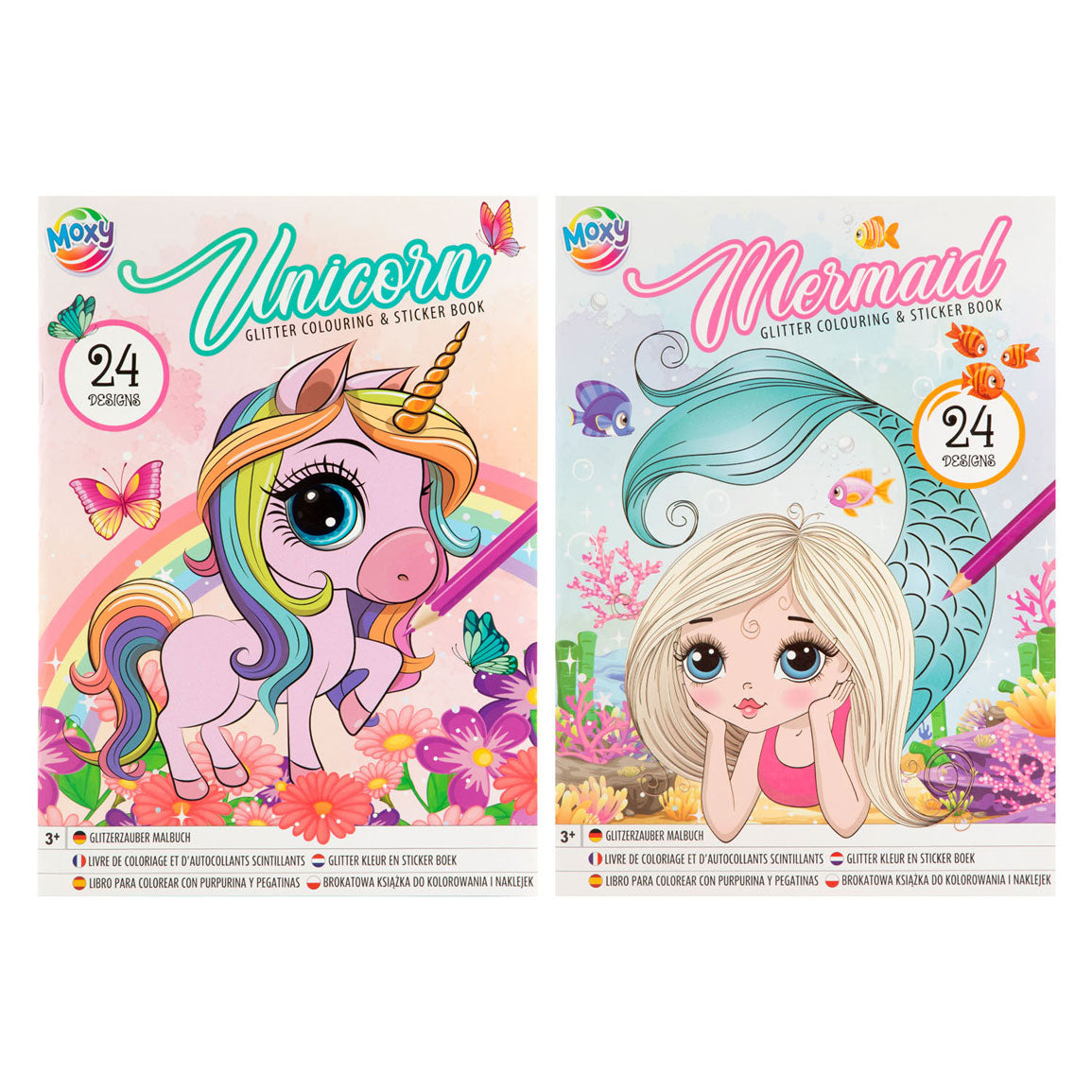 MOXY GLITTER COLOURING STICKER BOOK A4, 24 DESIGNS, 2 STICKER SHEETS, 2ASS