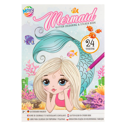 MOXY GLITTER COLOURING STICKER BOOK A4, 24 DESIGNS, MERMAID