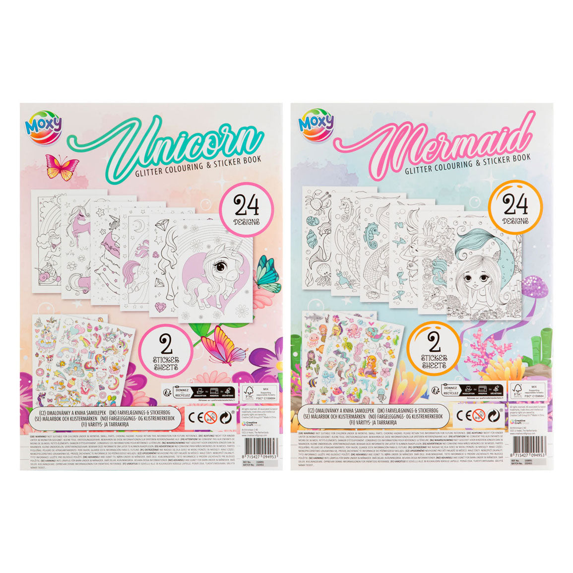 MOXY GLITTER COLOURING STICKER BOOK A4, 24 DESIGNS, 2 STICKER SHEETS, 2ASS