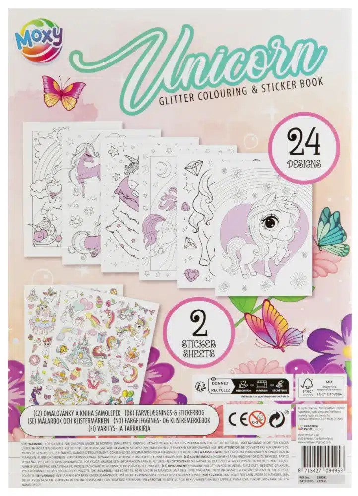 MOXY GLITTER COLOURING STICKER BOOK A4, 24 DESIGNS, 2 STICKER SHEETS, 2ASS