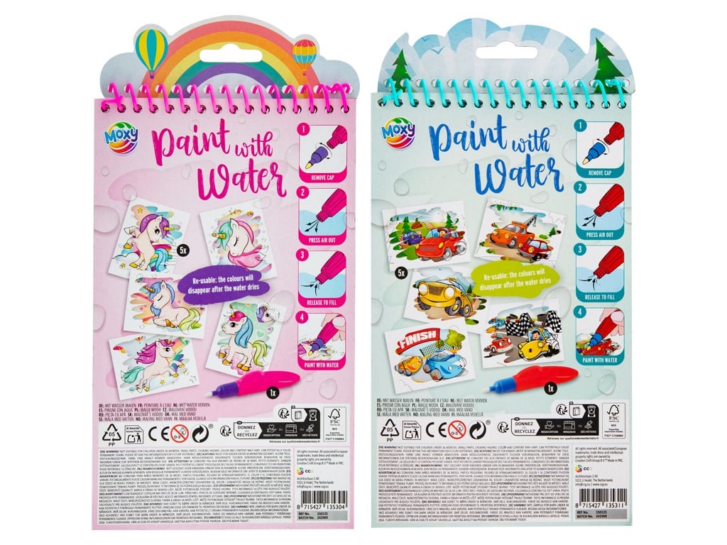 MOXY PAINT WITH WATER, 23X14CM, 5 SHEETS, INCL PEN, 2ASS