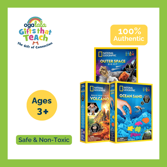 National Geographic Bundle Volcano + Space-Themed Dig Kit +  Ocean Play Sand (1lb)