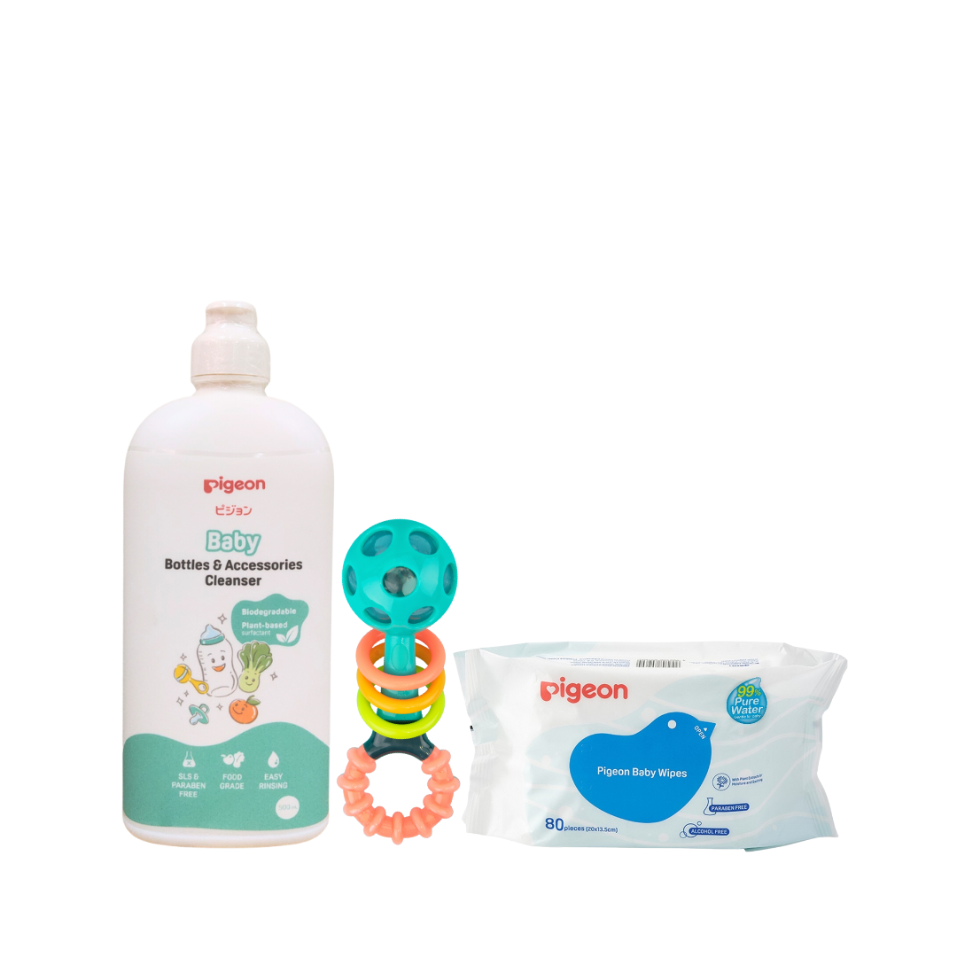 PEEK-A-BOO BEADS RATTLE + BOTTLE CLEANSER 500ML + WIPES 80'S