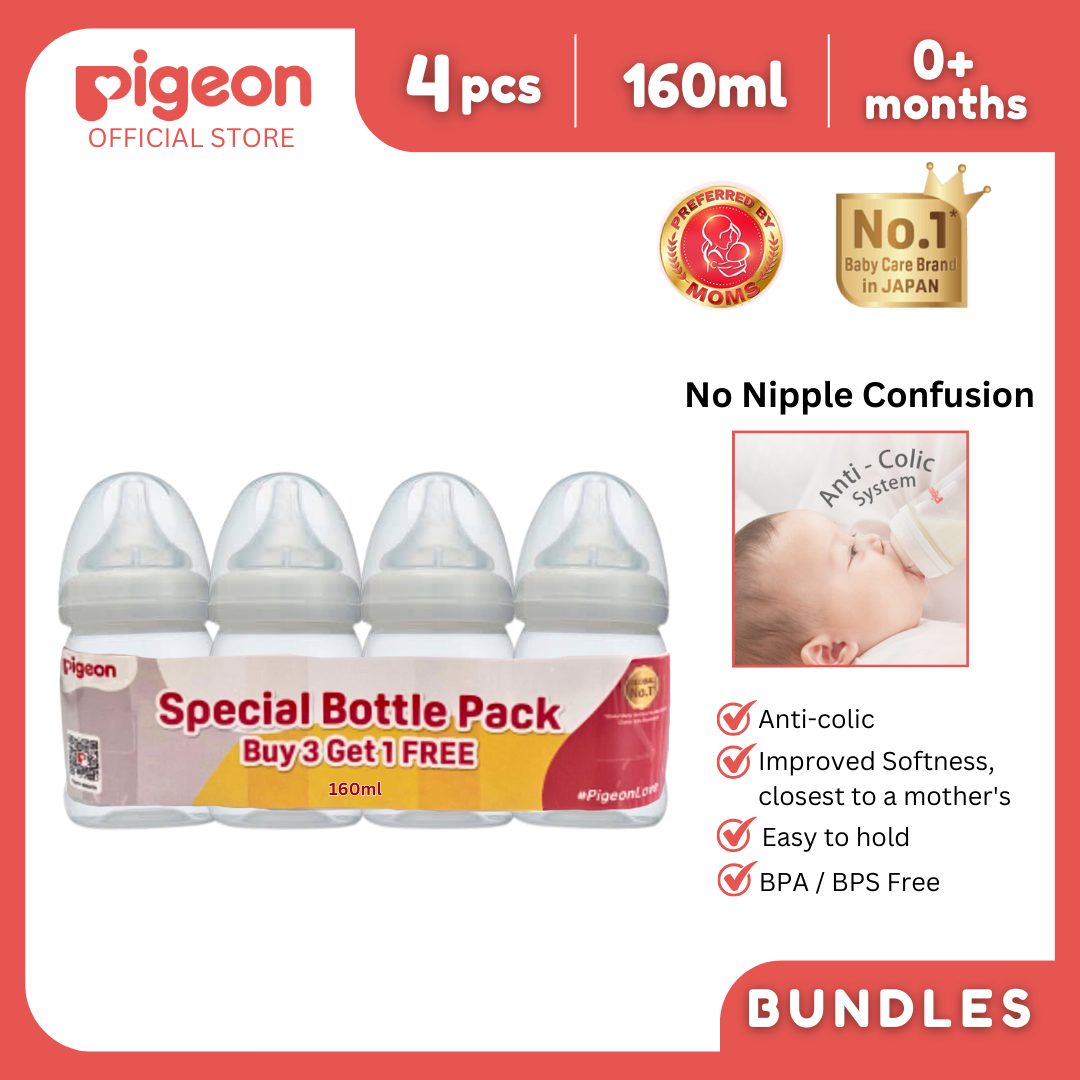 Pigeon Special Bottle Pack (4pc PP WN3 Bottle 160 ml), Pigeon Baby Feeding Bottle Value Bundle Set, Anti-colic, No Nipple Confusion