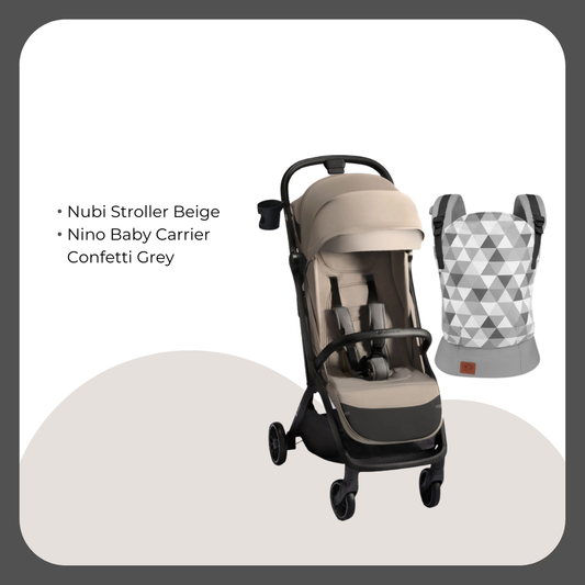 Kinder Kraft Nubi2 Stroller (Beige) + Nino Baby Carrier Confetti Grey