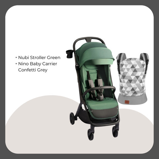 Kinder Kraft Nubi2 Stroller (Green) + Nino Baby Carrier Confetti Grey