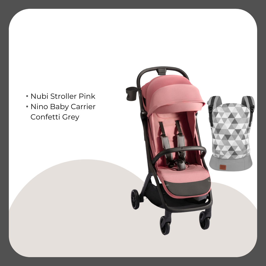 Kinder Kraft Nubi2 Stroller (Pink) + Nino Baby Carrier Confetti Grey