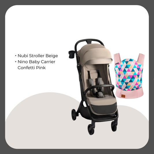 Kinder Kraft Nubi2 Stroller (Beige) + Nino Baby Carrier (Pink)