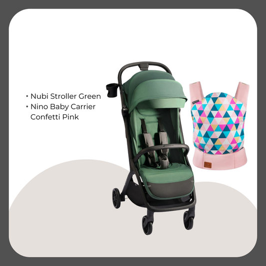 Kinder Kraft Nubi2 Stroller (Green) + Nino Baby Carrier (Pink)