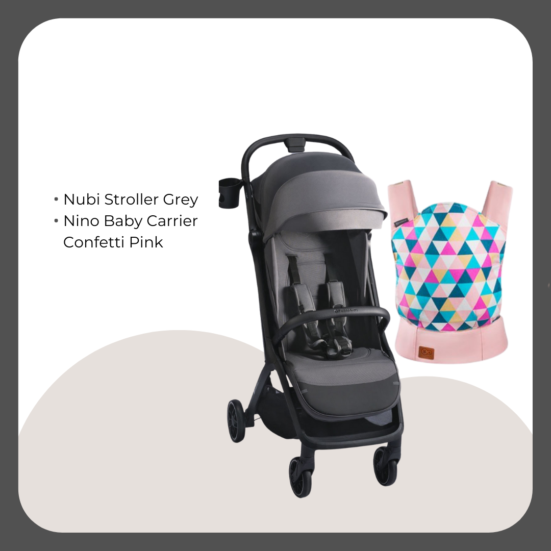 Kinder Kraft Nubi2 Stroller (Grey) + Nino Baby Carrier (Pink)