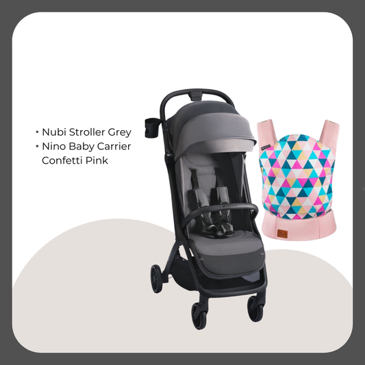 Kinder Kraft Nubi2 Stroller (Grey) + Nino Baby Carrier (Pink)