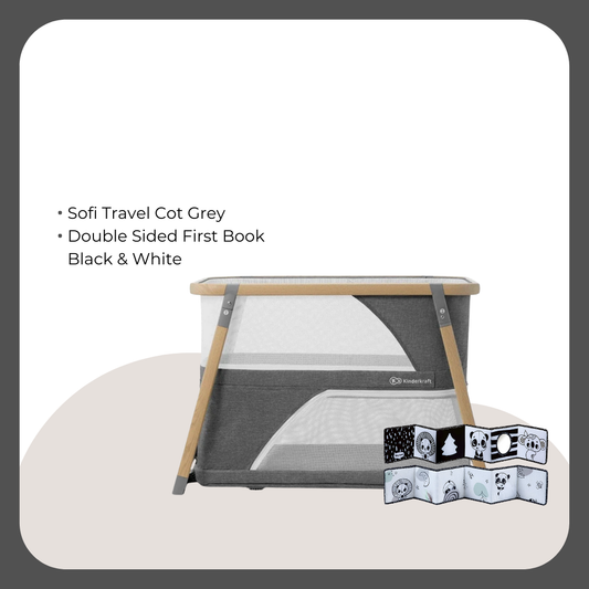 Kinder Kraft Sofi Travel Cot Grey + Double Sided First Book Black & White